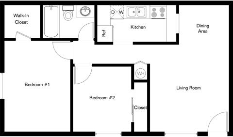 Floor plan for 2 beds, 1 bath, 668 sqft